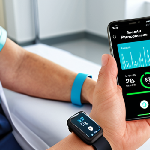 A person using a health management app on their smartphone, displaying data like blood pressure and steps taken. They're wearing a smartwatch. In the background, a blurred image of a doctor smiling. The overall atmosphere is bright and positive, highlighting proactive health management. Keywords: Digital Health, Health App, Smartwatch, Proactive Healthcare.