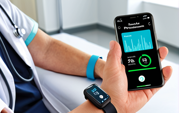 A person using a health management app on their smartphone, displaying data like blood pressure and steps taken. They're wearing a smartwatch. In the background, a blurred image of a doctor smiling. The overall atmosphere is bright and positive, highlighting proactive health management. Keywords: Digital Health, Health App, Smartwatch, Proactive Healthcare.